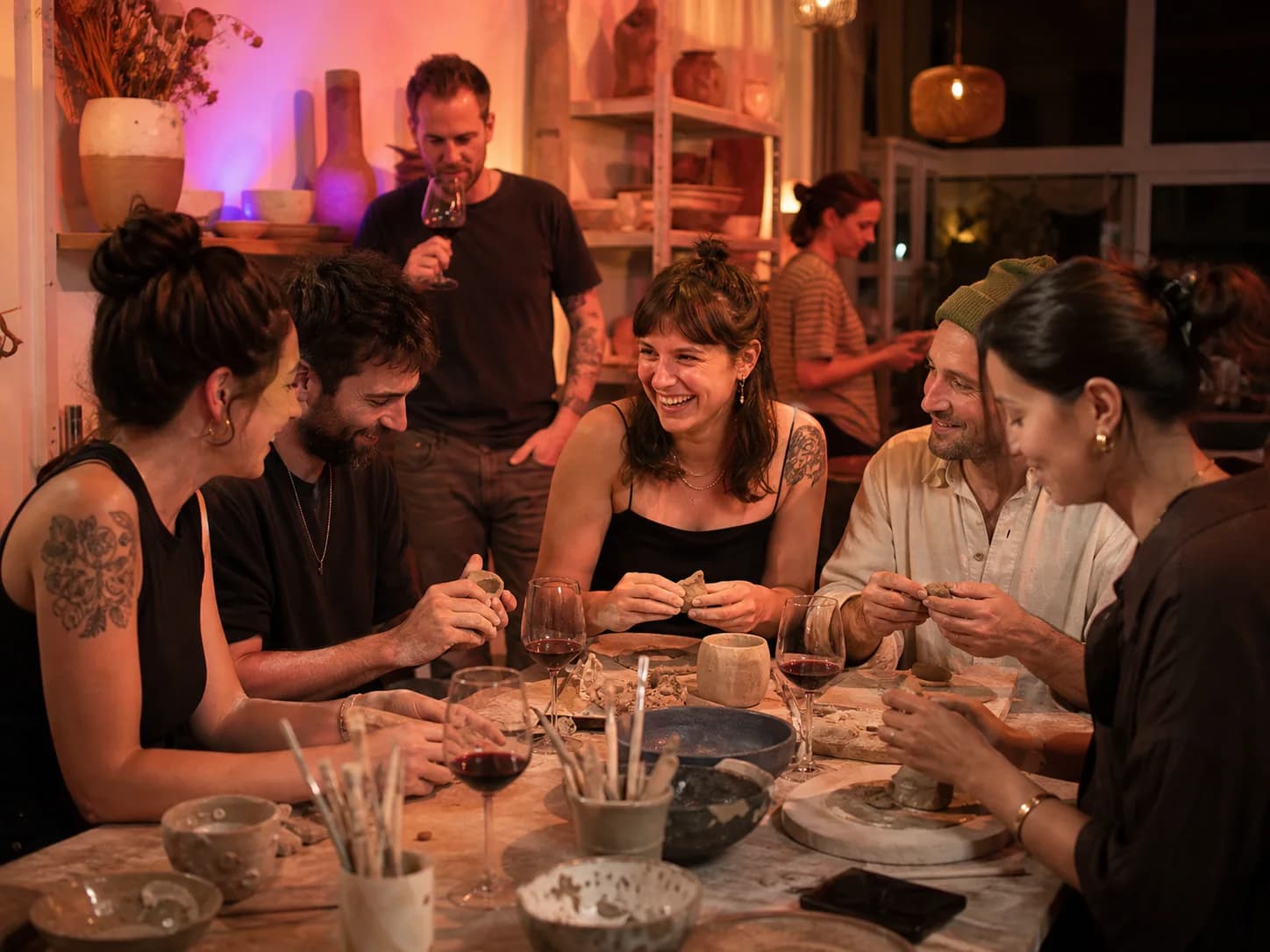 A relaxed group making ceramics together in a Berlin studio