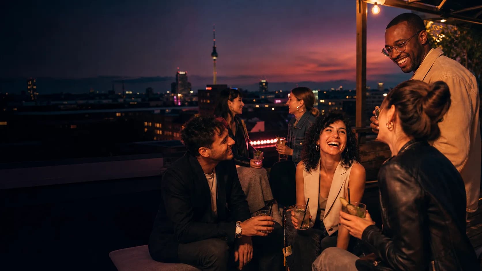 Friends laughing together at a casual Berlin rooftop gathering